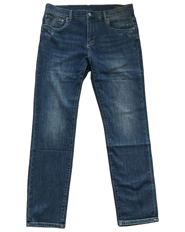 Dolce & Gabbana - Dark Blue Skinny Jeans with White DG Print and Leather Waist Patch