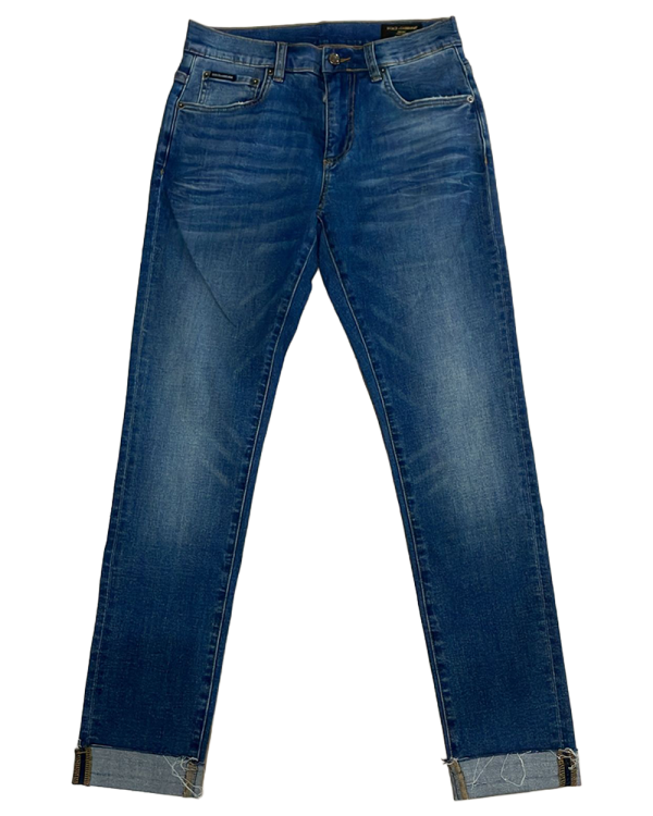 Dolce & Gabbana - Mid-Blue Skinny Jeans with Frayed Hem and Metal Logo Plaque