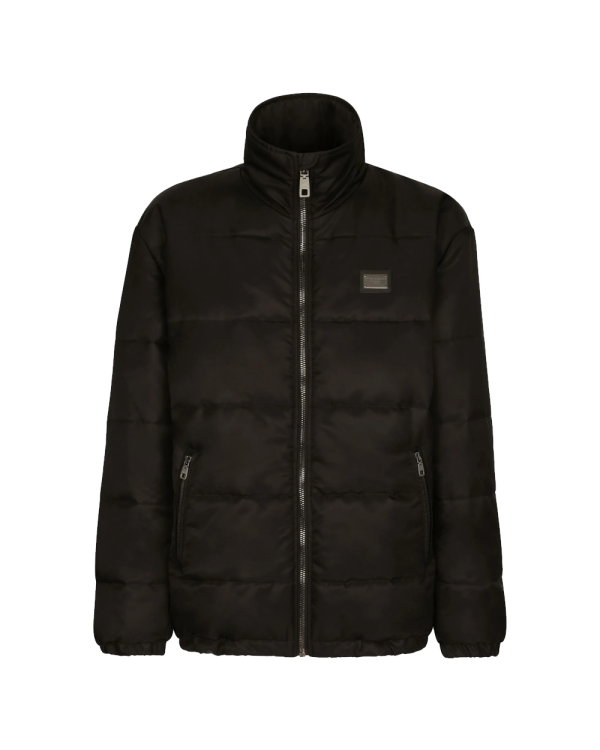 Black high-neck nylon jacket featuring a front metal plate accent.